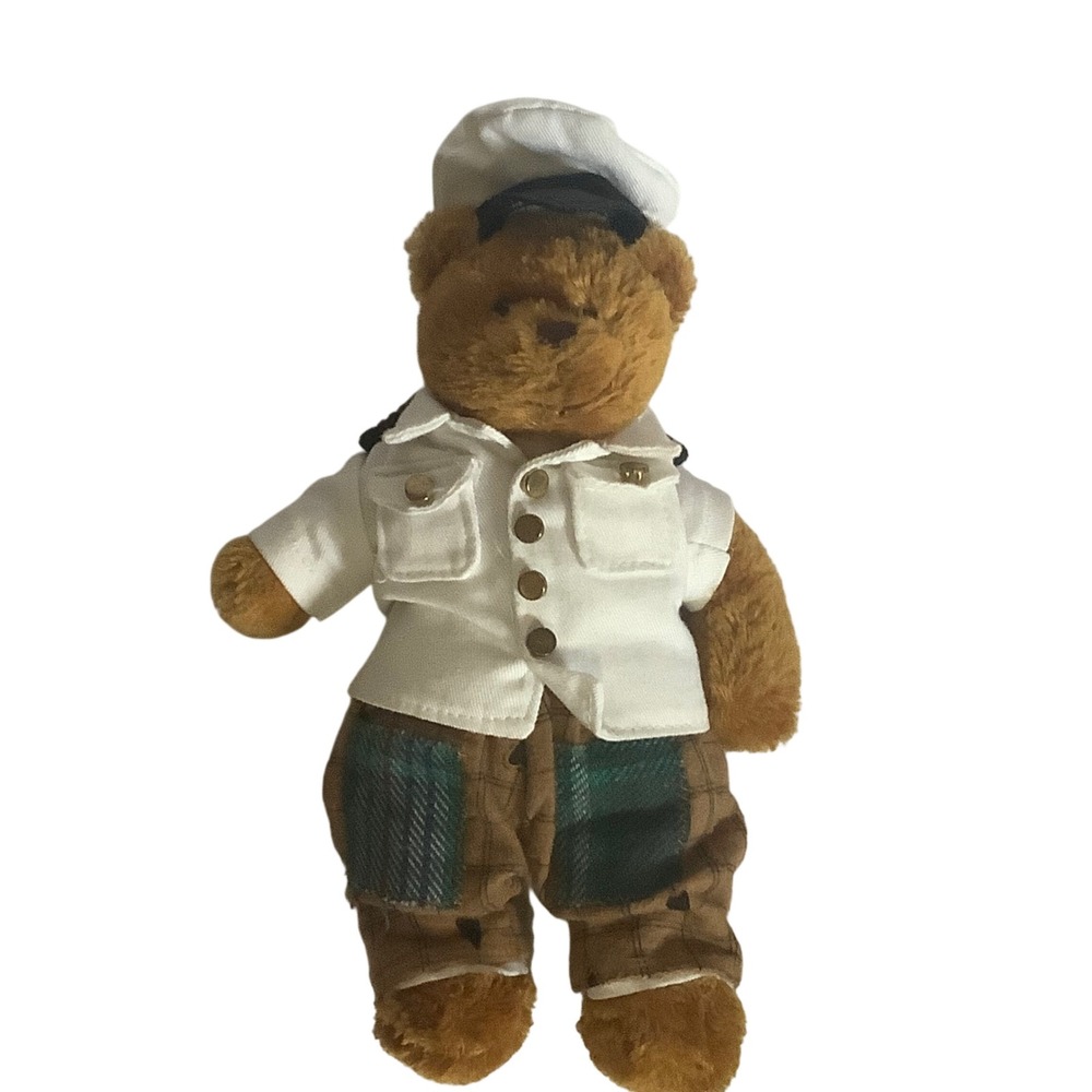 Vintage Captain Pilot Teddy Bear Plush White Uniform Plaid Pants 10"